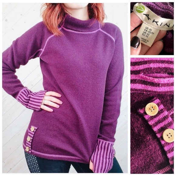 Dakini Sweaters - Dakini Mock Neck Lambswool Striped Bright Purple Sweater, sz. XS